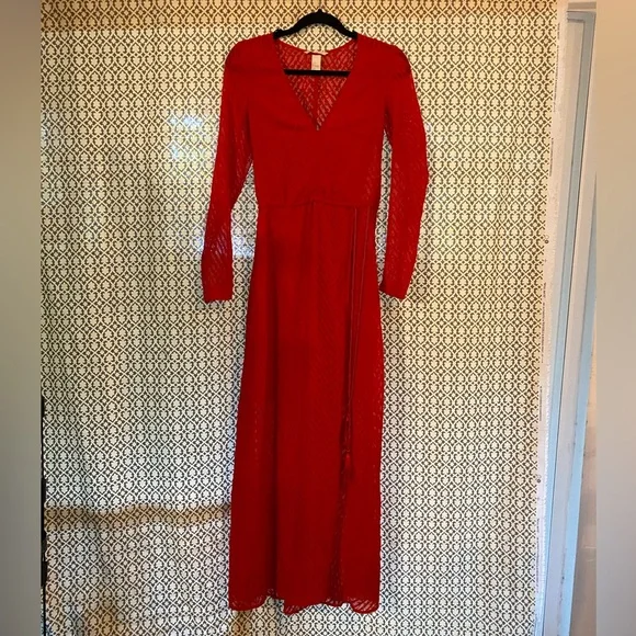 H&M Long Sleeve Red Boho Maxi Dress - Size 2